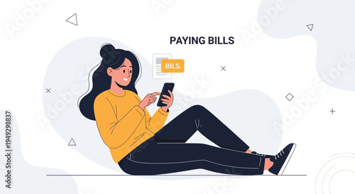 Woman Paying Bills Online Using Mobile Phone, Modern Lifestyle Illustration