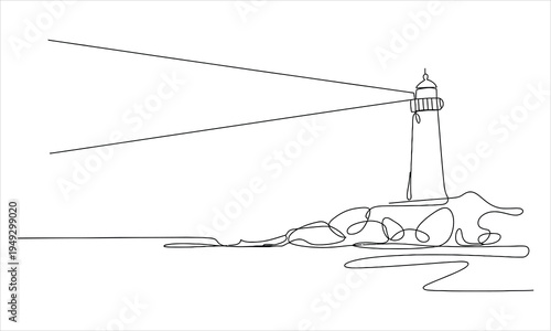 Minimalist continuous line drawing shows a coastal lighthouse illuminating the sea from a rocky shore