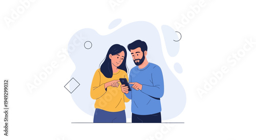 Couple Looking at Smartphone Screen Together, Modern Flat Illustration