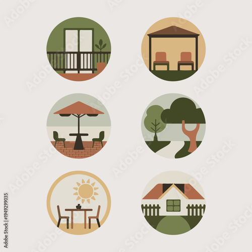 “Flat Design Outdoor Living Icon Set – Balcony, Gazebo, Patio & Garden for Real Estate & Home Apps”


