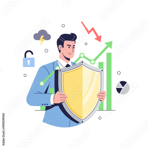 Businessman holding shield protecting against financial market risks and economic downturn