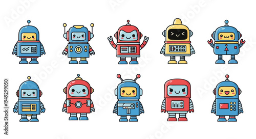 Cartoon robots collection isolated on white