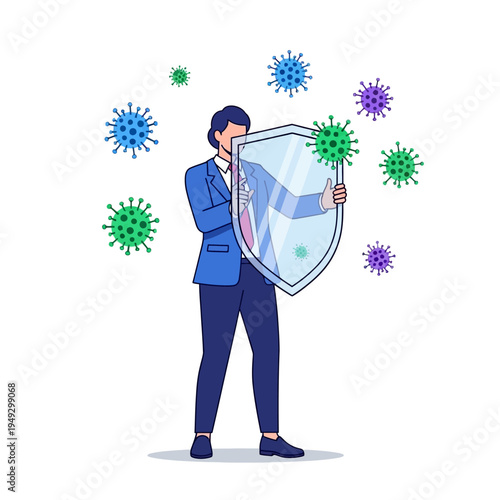 Businessman holding shield protecting from virus, concept of health security and defense