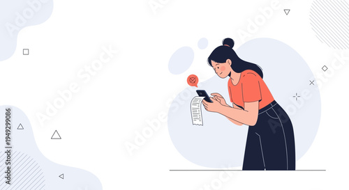 Woman checking phone with receipt, online shopping, financial app, notification