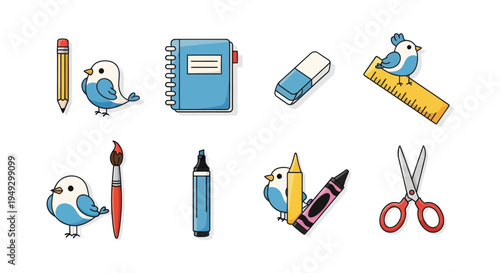 Cartoon school supplies and cute birds