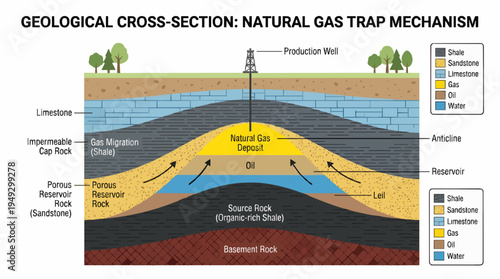 Natural Gas Trap Geological Cross Section with Pumpjack Diagram