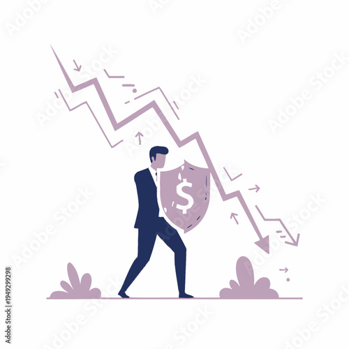 Businessman protecting money from financial crisis with shield, descending graph