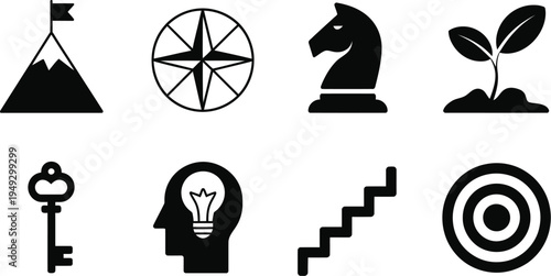 Success and motivation vector elements featuring leadership symbols planning tools creative thinking growth milestones achievement signs and strategic management icons.
