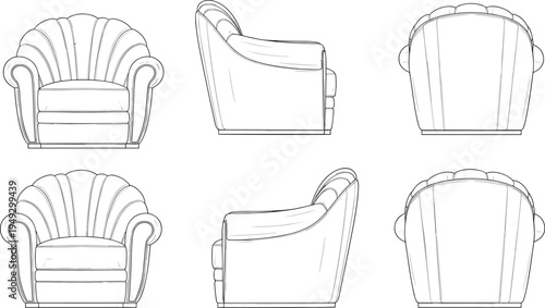 Armchair technical drawing silhouettes, upholstered furniture vector illustration, interior design artwork, classic chair blueprint graphics, architectural seating icon, decorative furniture design