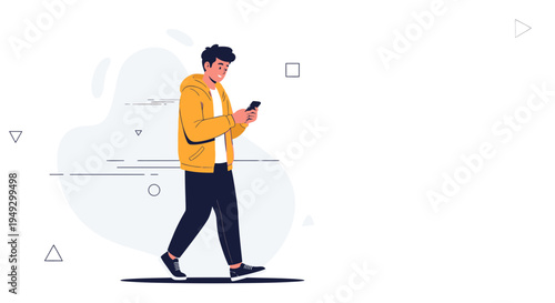 Young man in yellow jacket walking and using smartphone, flat design illustration