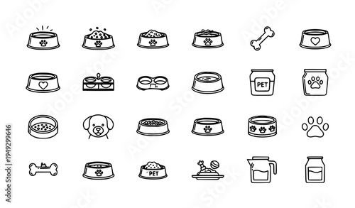Pet feeding bowl outline icons collection with dog dishes paws bones hearts vector set