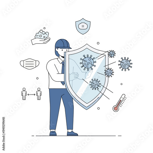 Person protecting against virus with shield, pandemic prevention concept