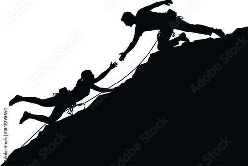 Rock climbers helping each other on steep mountain cliff, teamwork rescue support concept, mountaineering adventure partnership in extreme outdoor sport
