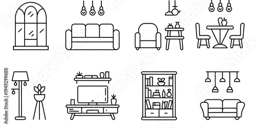 Line art icons collection depicting furniture and interior design elements, simple minimal style, clean outline vector illustration.