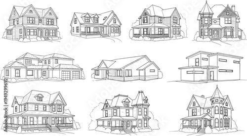 Architectural house design vector illustration, diverse residential building styles, Victorian modern minimalist line drawings, gabled roof dormer porch silhouette artwork collection