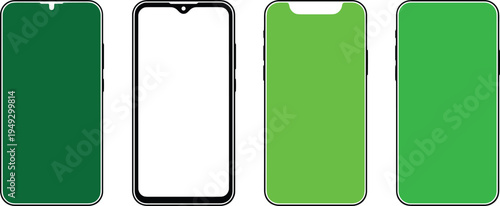 Smartphone green screen mockup set, modern mobile phone frame templates with chroma key display for UI UX design and app presentation