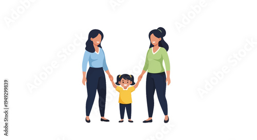 Happy Lesbian Couple with Daughter Holding Hands - Diverse Family Love & Support Illustration