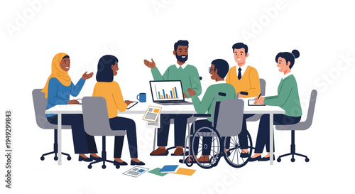 Diverse Business Team Meeting Collaboration Illustration - Inclusive Professionals Discussing Data in Modern Office
