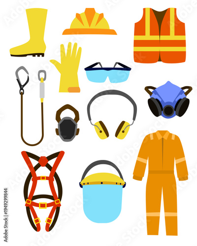 set of safety boots, hard hat, reflective vest, gloves, protective glasses, respirator mask, earmuffs, safety harness, and workwear for industrial safety and construction protection.