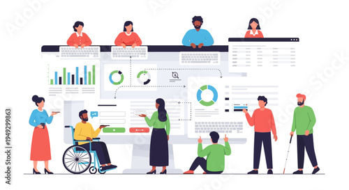 Inclusive Team Analyzing Digital Data and Business Intelligence Dashboard for Enhanced Collaboration and Accessibility