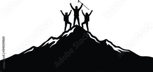 Silhouette of climbers celebrating on mountain summit, teamwork success, leadership achievement, adventure victory, partnership motivation, goal accomplishment, inspirational team triumph concept