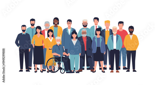 Diverse Group of People: Multi-generational, Multi-ethnic Community with Disability Inclusion in Flat Illustration Style