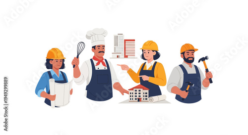 Diverse Skilled Professionals: Chef, Architects, Construction Workers – Essential Occupations Illustration