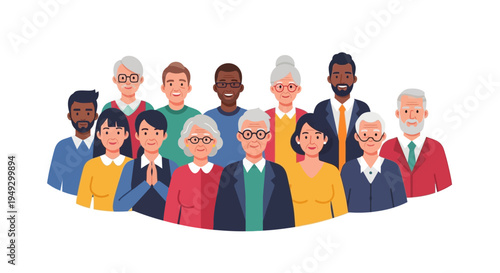 Diverse Group of Senior Citizens and Older Adults, Multi-Ethnic Community, Happy Mature Men and Women, Social Inclusion, Vector Illustration