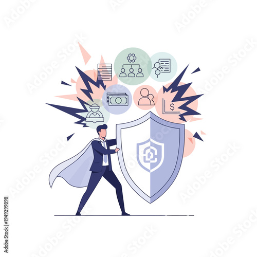 Business superhero shield protecting company from financial risks and organizational challenges