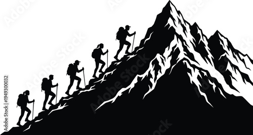 Group of hikers climbing mountain peak silhouettes, alpine trekking expedition journey, outdoor adventure challenge, mountaineering success concept vector illustration