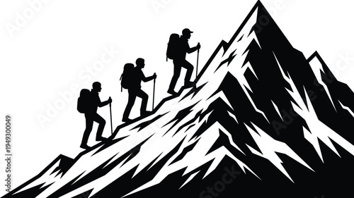 Group of hikers climbing rugged mountain peak, trekking adventure teamwork concept, backpack travelers ascending alpine summit in outdoor exploration journey