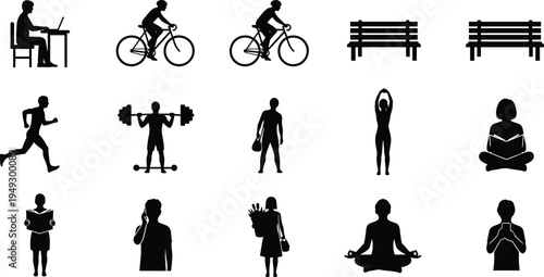 Set of lifestyle and park silhouettes including people cycling running weightlifting meditating and reading with bench icons for urban vector design