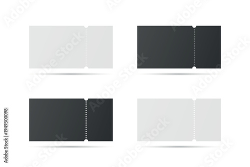 Vector Perforated Ticket Stub Template Set. Blank Admission, Event Tickets for Cinema, Theater, Concert, Festival. Voucher and Coupon. Black and White Tear-Off Design, Isolated, Front View