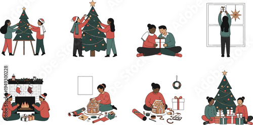 Christmas holiday celebration illustrations featuring people decorating trees, exchanging gifts, building gingerbread houses, and sitting by a cozy fireplace isolated on white background.