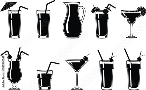 Black and white drink glass silhouettes, cocktail pitcher vector illustration, margarita martini hurricane highball glasses with garnishes, straws, umbrellas, cherries, citrus slices