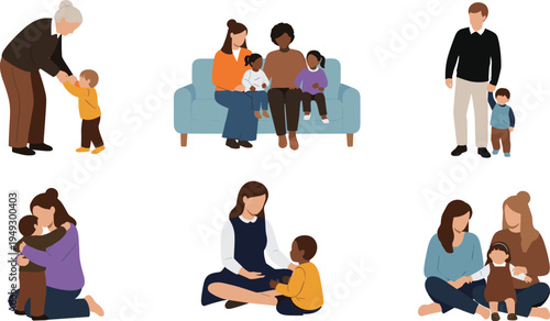 Diverse family illustration set featuring parents with children, grandmother with toddler, same sex couples, and mothers hugging kids isolated on white background.