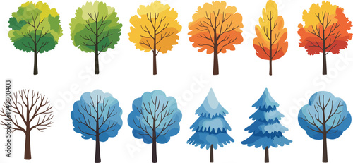 Set of seasonal watercolor trees in autumn fall summer and winter with colorful foliage bare branches and snow covered pine evergreens for design
