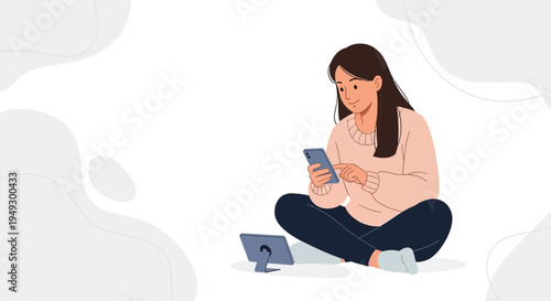 Young woman sitting cross-legged, using smartphone and tablet, modern illustration style