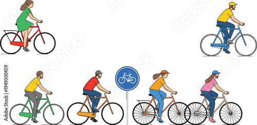 Diverse group of people riding bicycles featuring men and women on city bikes, road cycling with traffic sign, isolated on white background.