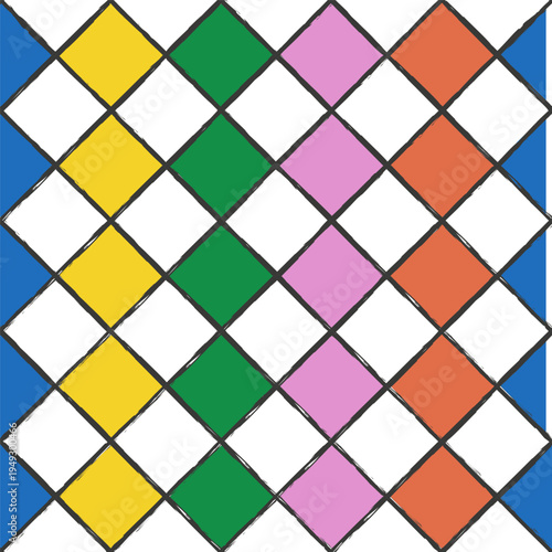 Colorful Hand Drawn Geometric Pattern with Diamonds in Vibrant Primary Hues