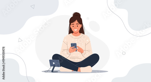 Young woman sitting cross-legged, using smartphone, with small screen device nearby