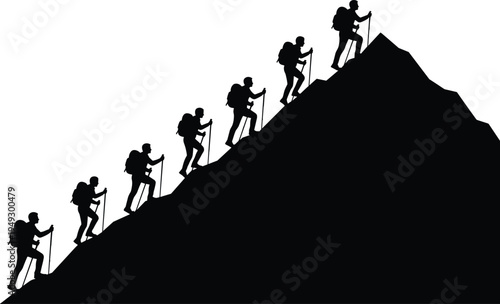 Hikers climbing mountain silhouette sequence, trekking adventure journey to summit, outdoor exploration progress concept with backpack travelers ascending peak
