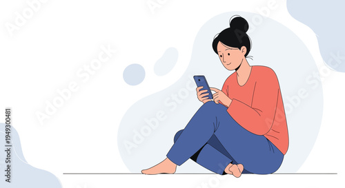 Young Woman Sitting on Floor Using Smartphone, Relaxed Pose, Modern Illustration