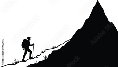 Hiker silhouette climbing steep mountain trail, adventure trekking journey, outdoor exploration challenge, backpack traveler reaching summit, determination and success concept