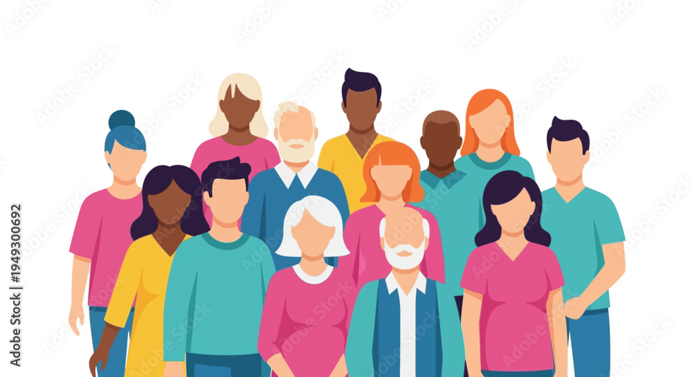 Obraz premium Diverse Group of People: Community, Inclusion, and Unity Flat Design Illustration