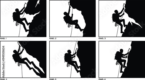 Rock climber silhouette panels, mountaineering adventure scenes, climbers scaling cliff with rope and ice axe, extreme outdoor sport illustration