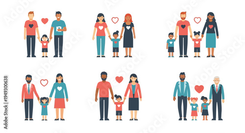 Diverse Family Structures, Love & Parenthood: Modern Illustration Collection Featuring Heterosexual, Same-Sex, and Multi-Ethnic Families with Children