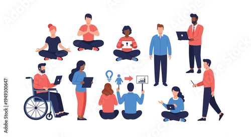 Diverse People Icons: Modern Work, Wellness & Innovation. Collaborative Team, Digital Professionals, and Mindfulness Concepts.