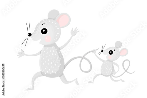 Funny mouse play. Cute little mouse caught his daddy mouse by the tail.