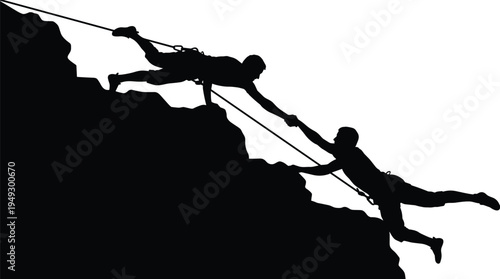 Rock climbers teamwork silhouette on steep cliff, mountaineering rescue support concept, extreme adventure partnership helping partner reach safety